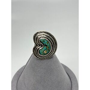 Artisan Signed Sterling Silver 925 Turquoise Spiral Statement Ring Wide Band
